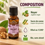 Fleur de Bach Walnut (Noyer) Biofloral en granules : flacon, étiquette et infographie sur la composition, Juglans regia, bio