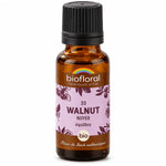 Flacon en verre ambré de Fleur de Bach Walnut (Noyer) Bio Biofloral en granules, 19,5 g, sur fond blanc