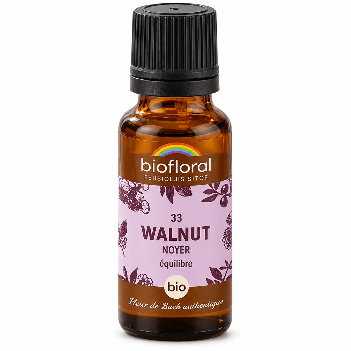 Flacon en verre ambré de Fleur de Bach Walnut (Noyer) Bio Biofloral en granules, 19,5 g, sur fond blanc