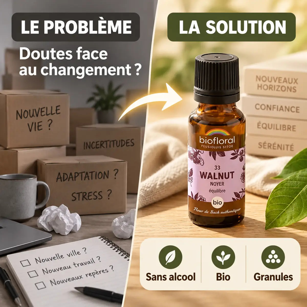 Fleur de Bach Walnut Noyer Bio en granules Biofloral : comparaison problème et solution, flacon ambré sans alcool