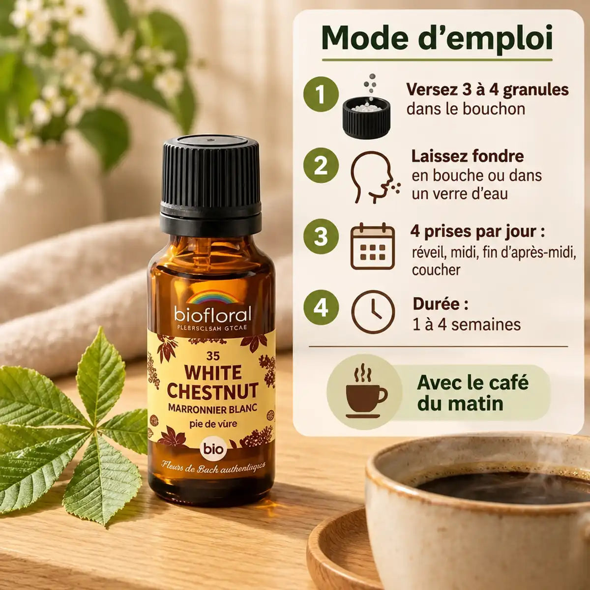 Flacon Fleur de Bach White Chestnut Biofloral en granules, feuille de marronnier et tasse de café sur table en bois