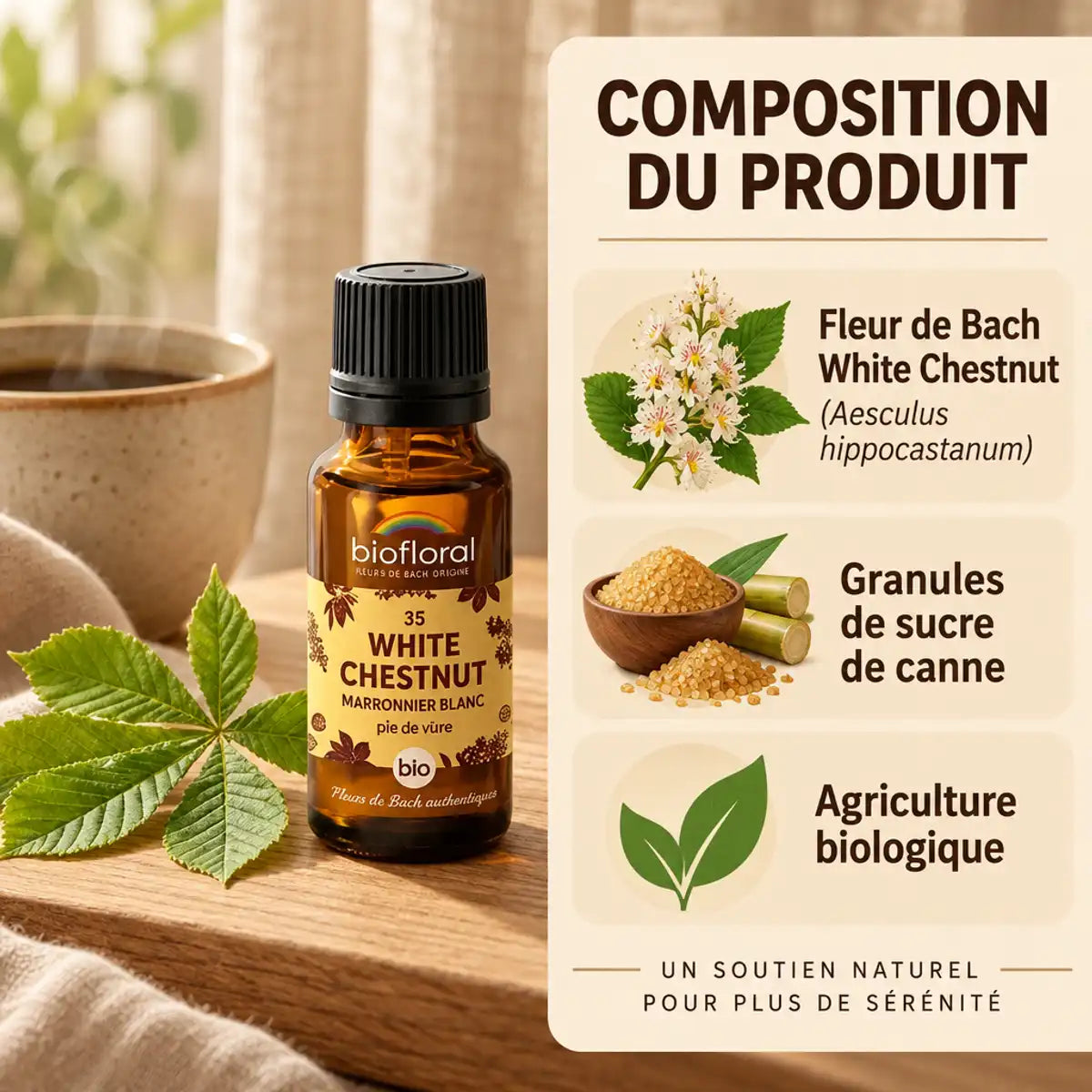 Fleur de Bach White Chestnut Bio en granules Biofloral, flacon ambré et composition : marronnier blanc, sucre de canne