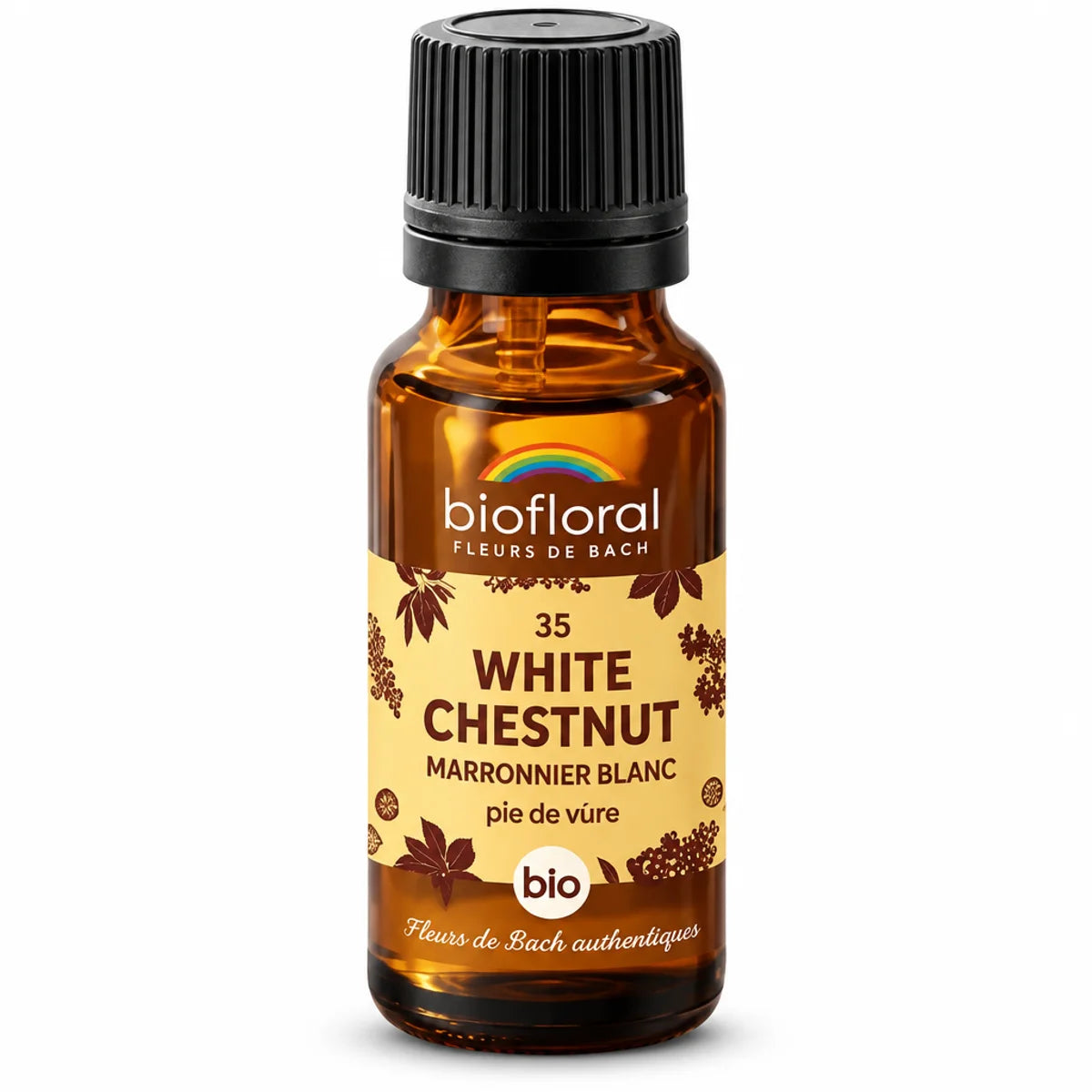 Flacon de fleur de Bach White Chestnut (marronnier blanc) Bio Biofloral en granules, étiquette crème et logo bio