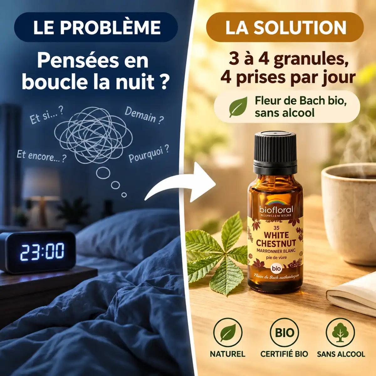 Fleur de Bach White Chestnut bio en granules Biofloral : flacon ambré et posologie, de la nuit agitée au matin serein