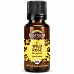 Flacon en verre ambré de Fleur de Bach Wild Rose (Eglantier) Bio Biofloral, 19,5 g en granules, sur fond blanc