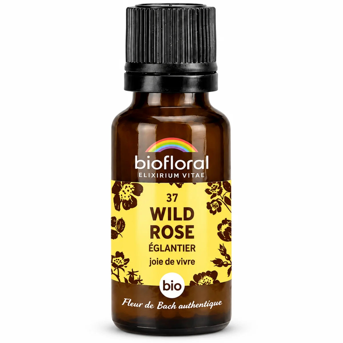 Flacon en verre ambré de Fleur de Bach Wild Rose (Eglantier) Bio Biofloral, 19,5 g en granules, sur fond blanc