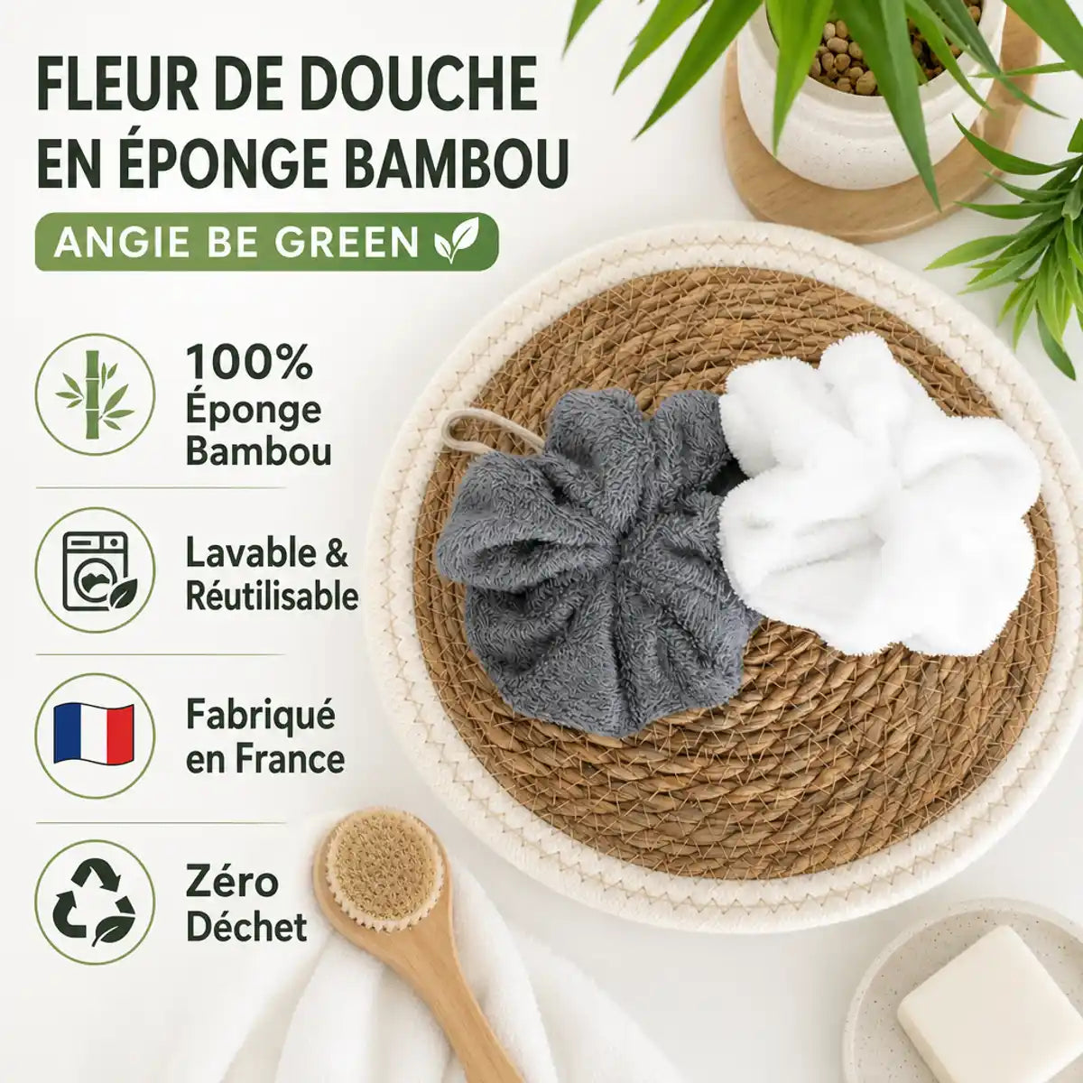 Fleur de douche éponge bambou Angie Be Green réutilisable zéro déchet fabriqué France