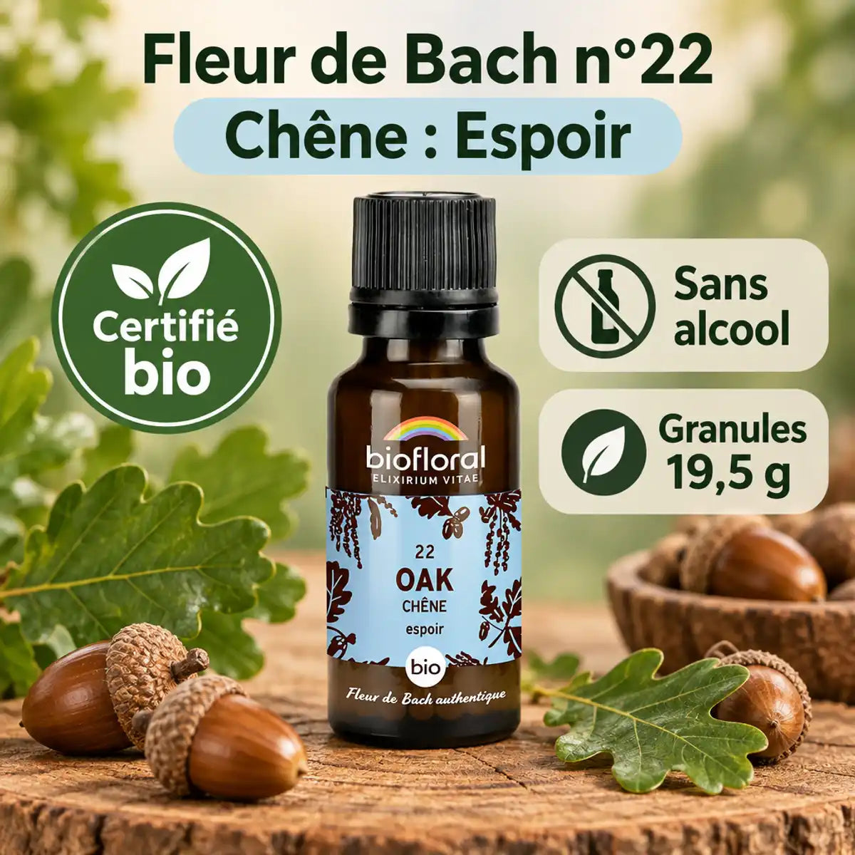 Fleurs de Bach Chêne Bio en granules 19,5 g, flacon ambré Biofloral sur fond de bois de chêne