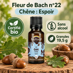 Fleurs de Bach Chêne Bio en granules 19,5 g, flacon ambré Biofloral sur fond de bois de chêne