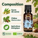 Flacon de Fleurs de Bach Chêne (Oak) bio en granules Biofloral, avec infographie sur le sucre de canne, le chêne et l'agriculture biologique