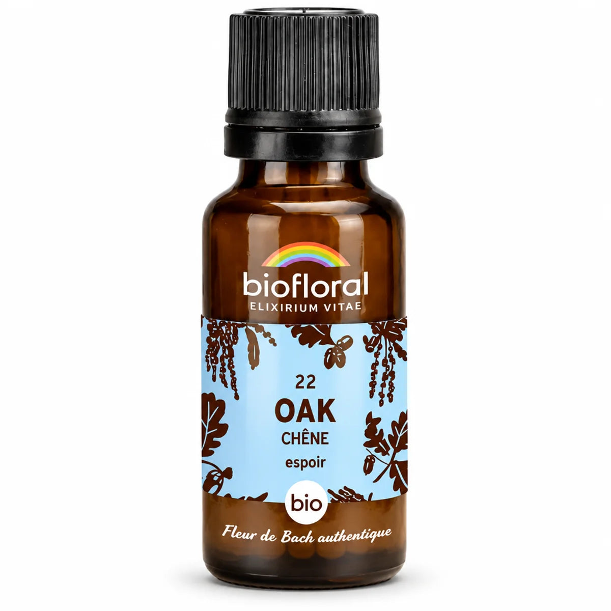 Flacon en verre ambré de Fleurs de Bach Chêne (Oak) Biofloral en granules bio, étiquette bleue claire avec feuilles de chêne et glands