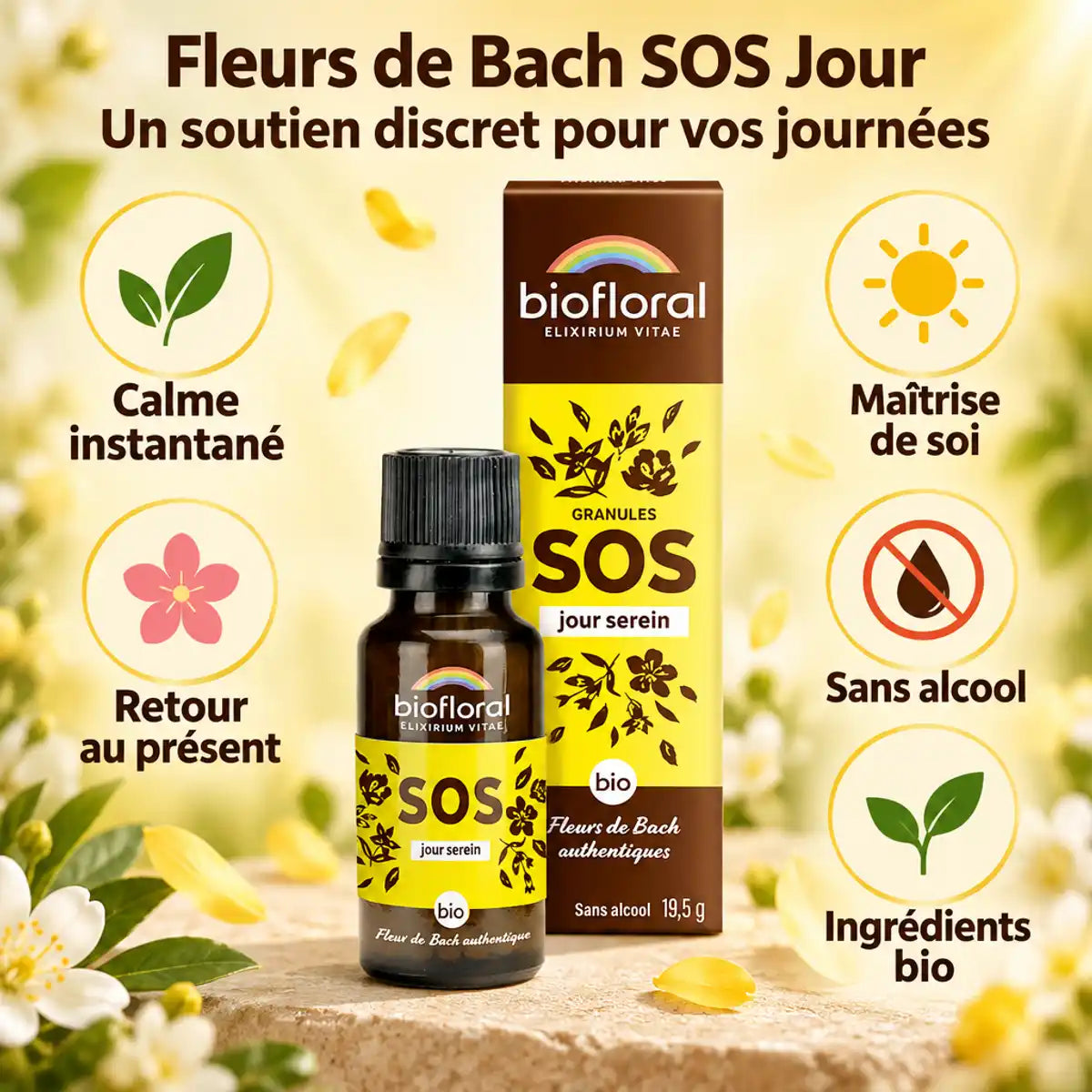 Fleurs de Bach SOS Jour Biofloral en granules 19,5 g, flacon et boîte avec icônes bio, calme et sans alcool