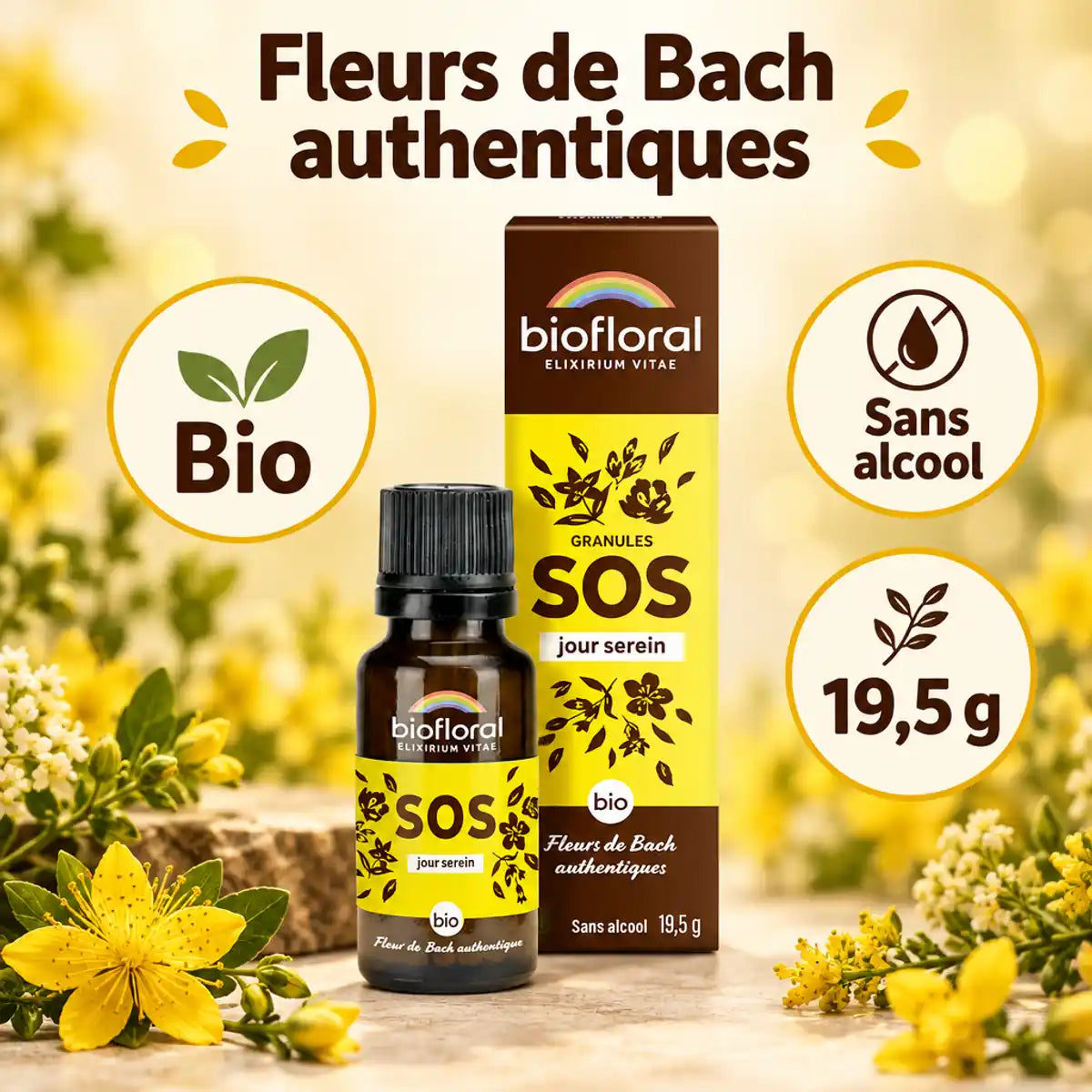 Fleurs de Bach SOS Jour Biofloral en granules bio, flacon ambré et boîte carton, 19,5 g, sans alcool