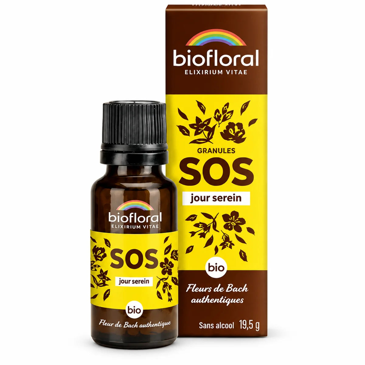 Flacon en verre ambré Biofloral SOS Jour Serein Fleurs de Bach, granules 19,5 g, sans alcool, sur fond blanc