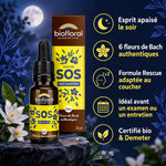 Flacon Fleurs de Bach SOS Nuit paisible Biofloral 20 ml en gouttes pour le sommeil, sur fond indigo et fleurs bleues