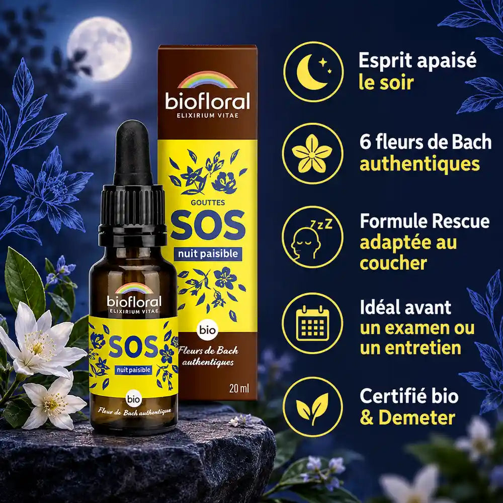 Flacon Fleurs de Bach SOS Nuit paisible Biofloral 20 ml en gouttes pour le sommeil, sur fond indigo et fleurs bleues