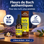 Flacon compte-gouttes Biofloral SOS Nuit paisible Fleurs de Bach, 20 ml, avec sa boîte, sur fond bleu nuit apaisant