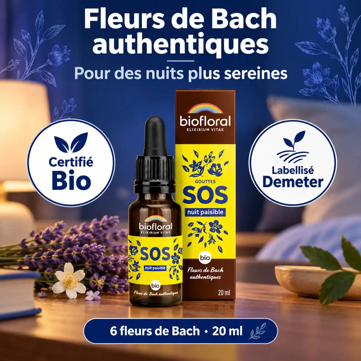 Flacon compte-gouttes Biofloral SOS Nuit paisible Fleurs de Bach, 20 ml, avec sa boîte, sur fond bleu nuit apaisant