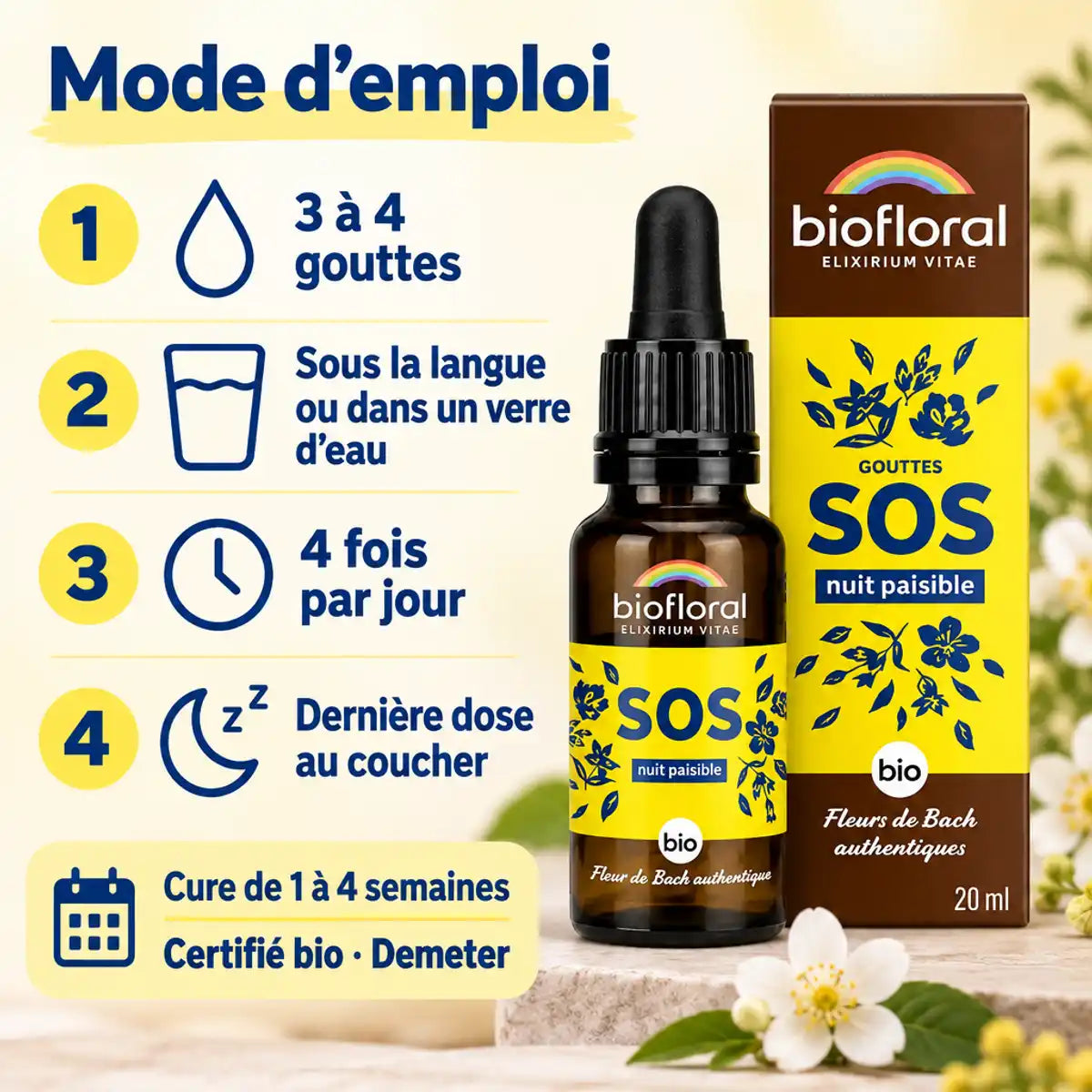 Flacon Biofloral SOS Nuit Fleurs de Bach bio avec mode d'emploi : 3 à 4 gouttes, 4 fois par jour