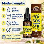 Flacon Biofloral SOS Nuit Fleurs de Bach bio avec mode d'emploi : 3 à 4 gouttes, 4 fois par jour