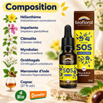 Fleurs de Bach SOS Nuit paisible Biofloral 20 ml : flacon compte-gouttes et infographie des six fleurs et de la composition bio