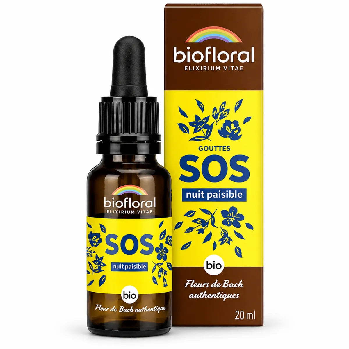 Flacon compte-gouttes ambre Fleurs de Bach SOS secours nuit bio Biofloral 20 ml, à côté de sa boîte carton
