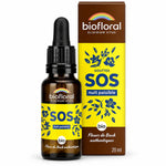 Flacon compte-gouttes ambre Fleurs de Bach SOS secours nuit bio Biofloral 20 ml, à côté de sa boîte carton
