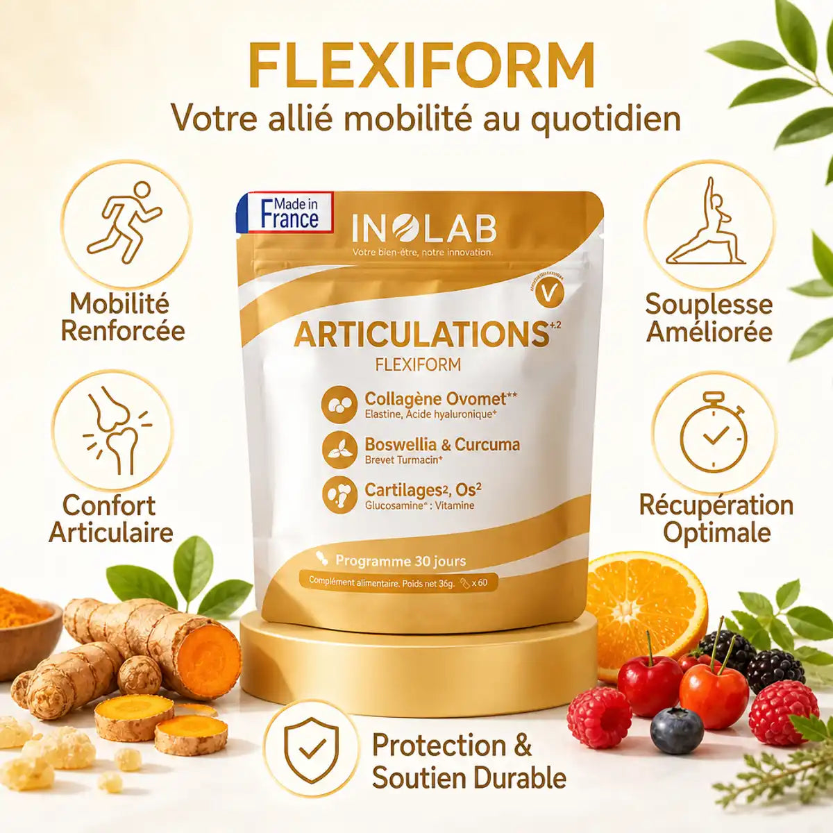 Flexiform complexe articulations 60 gélules Inolab - infographie bénéfices mobilité et confort articulaire