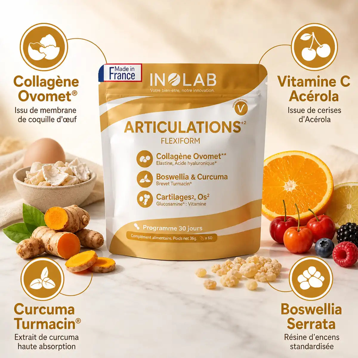 Flexiform Inolab - Complément articulations avec collagène Ovomet, curcuma Turmacin, Boswellia et vitamine C