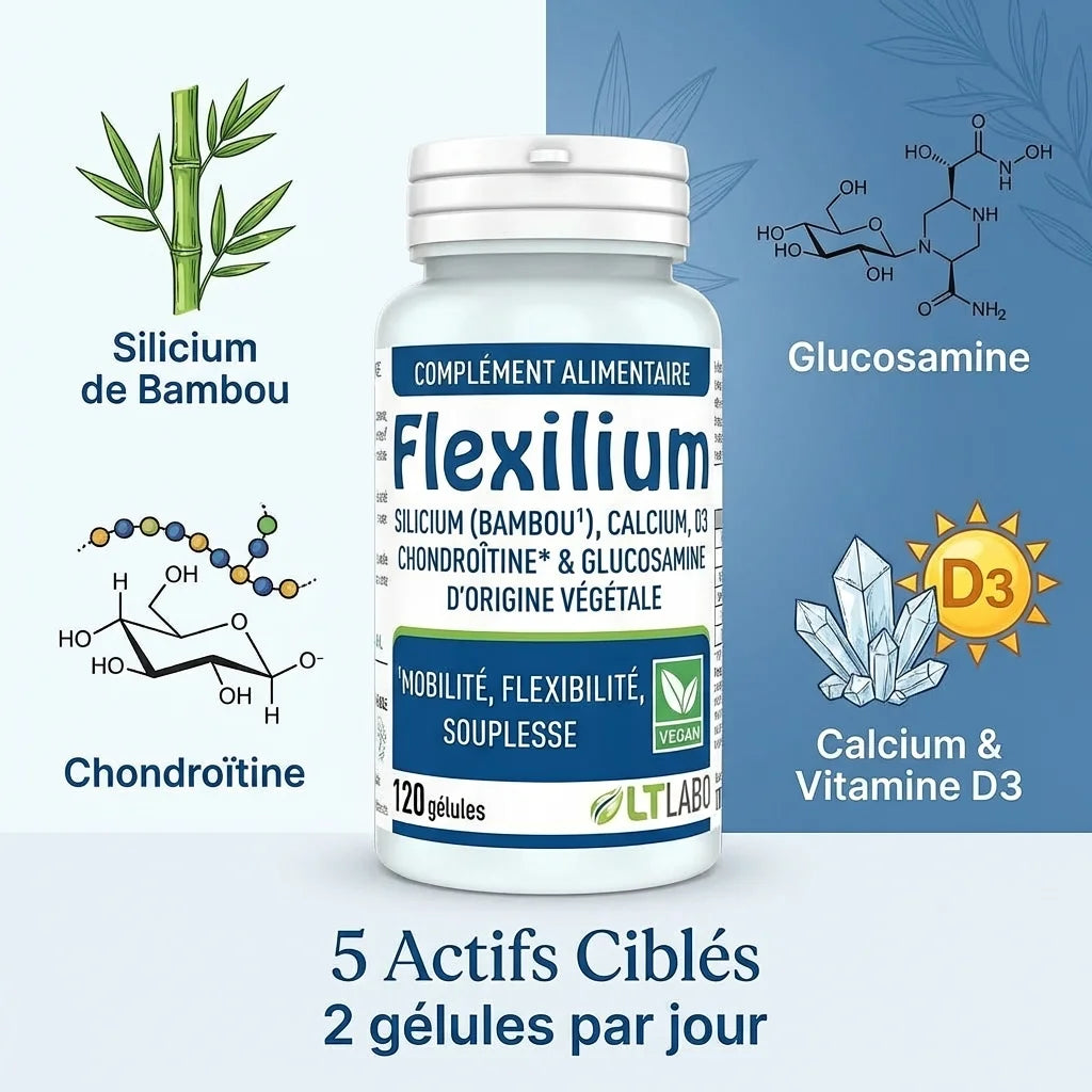 Flexilium 120 gélules végétales - Flacon avec ingrédients actifs silicium bambou, glucosamine, chondroïtine, calcium