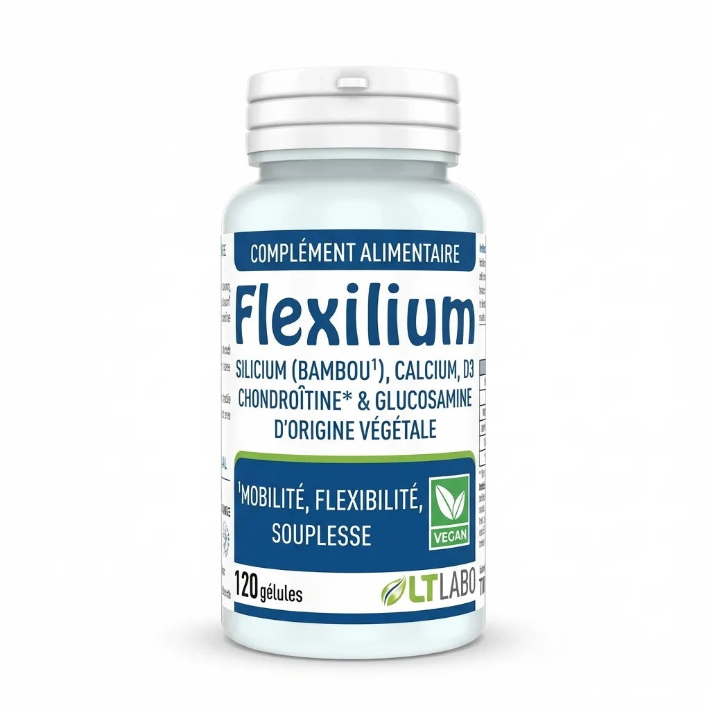 Flexilium 120 gélules végétales LT Labo - Flacon blanc et bleu sur fond blanc