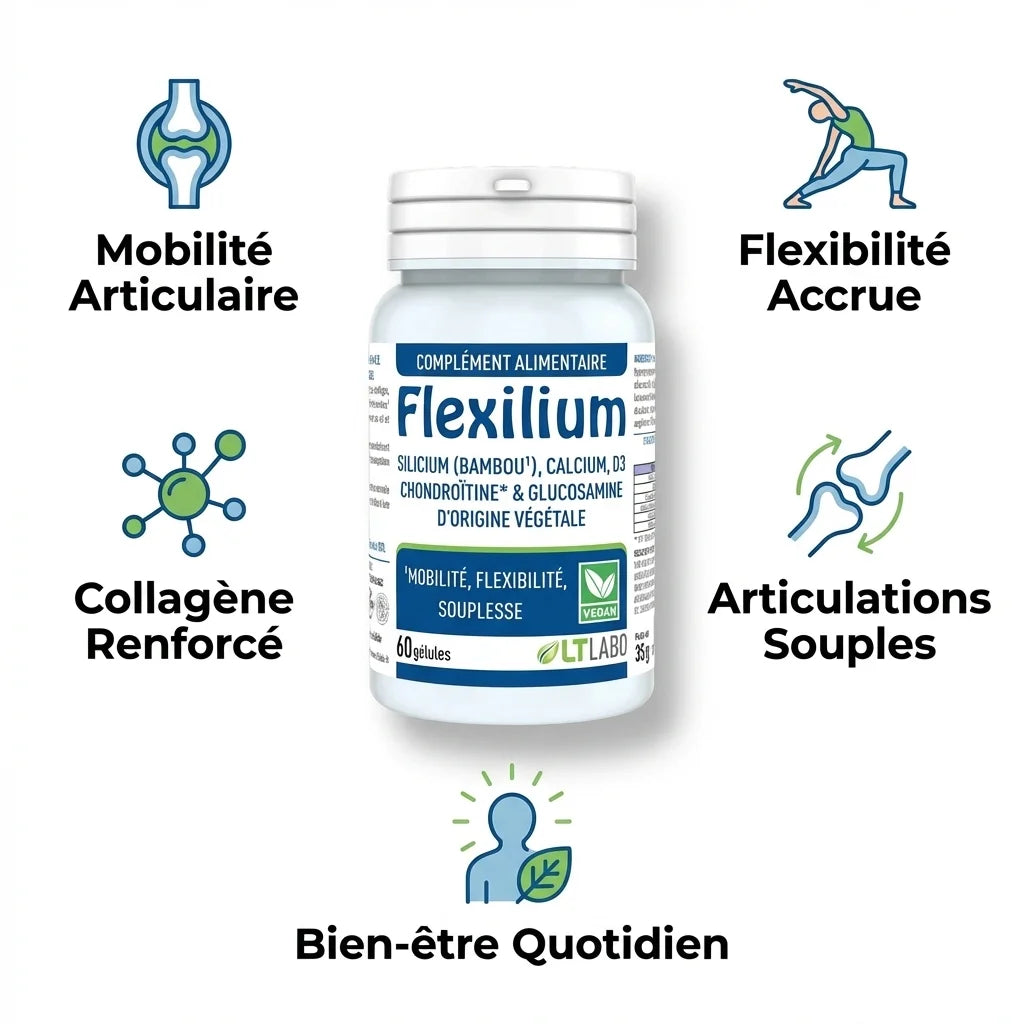 Flexilium 60 gélules LT Labo avec 5 bénéfices : mobilité articulaire, flexibilité, collagène renforcé