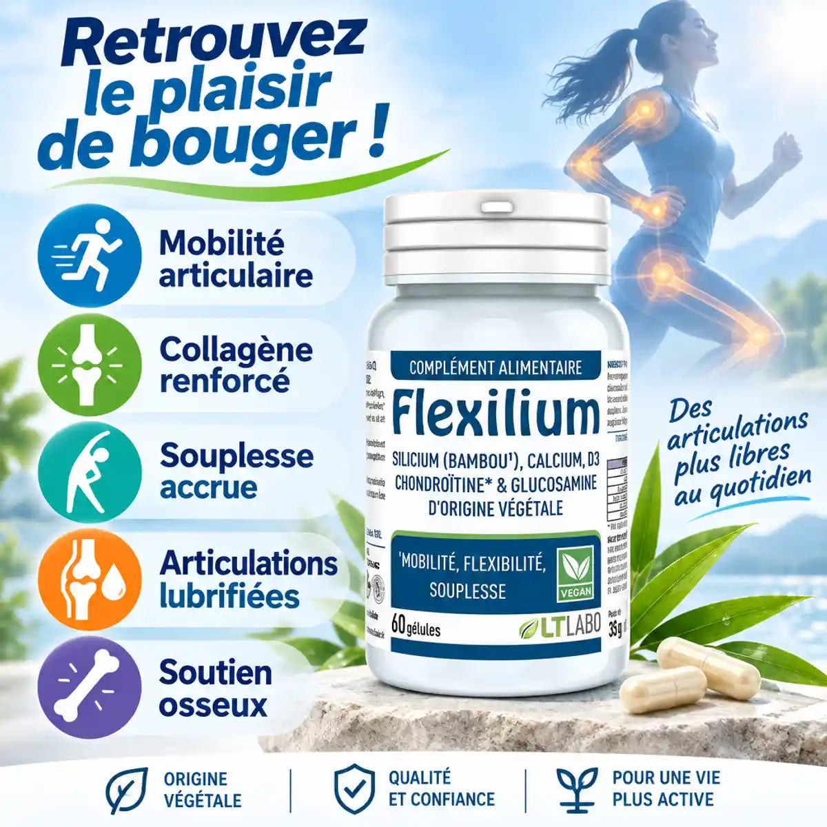 Flexilium 60 gélules LT Labo - Mobilité articulaire, collagène renforcé et souplesse accrue