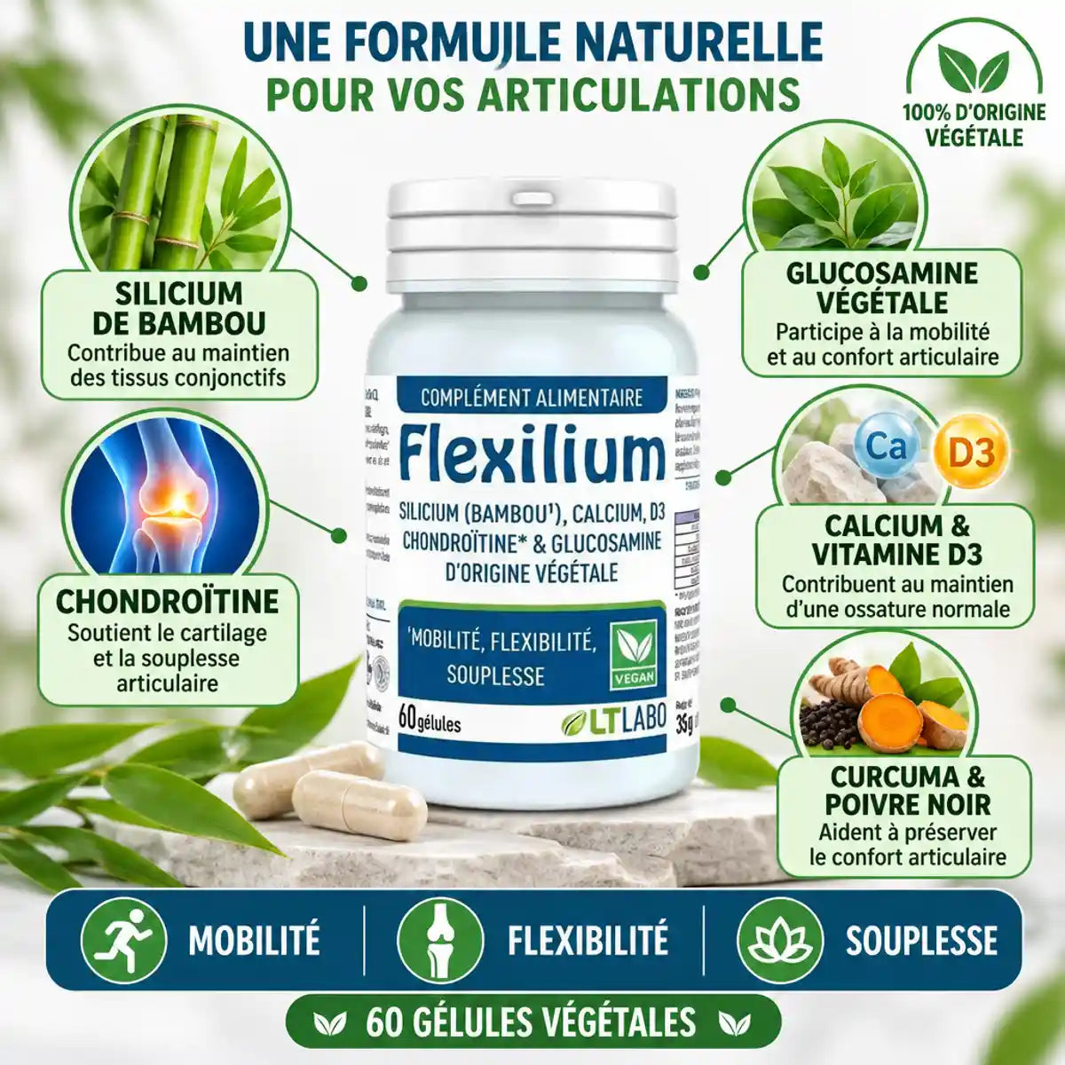 Flexilium 60 gélules végétales LT Labo avec ingrédients actifs : silicium, glucosamine, chondroïtine, calcium et curcuma