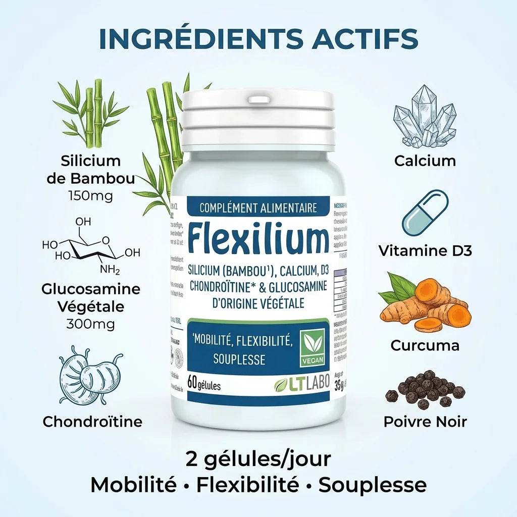 Flexilium LT Labo 60 gélules avec ingrédients actifs : silicium, glucosamine, chondroïtine, calcium, vitamine D3