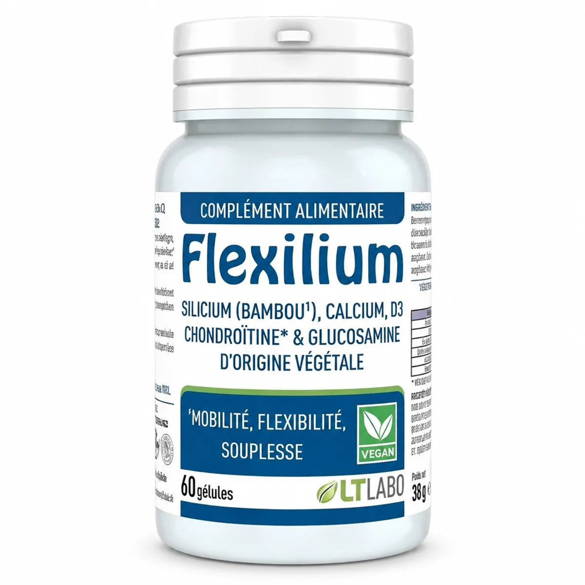 Flexilium 60 gélules végétales LT Labo - bouteille blanc et bleu en studio