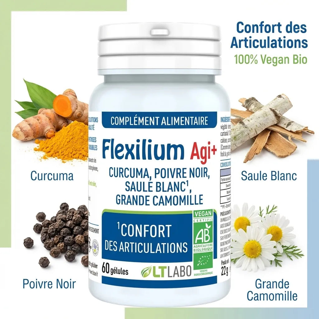 Flexilium Agi+ Bio 60 gélules avec ingrédients naturels curcuma poivre noir saule blanc camomille