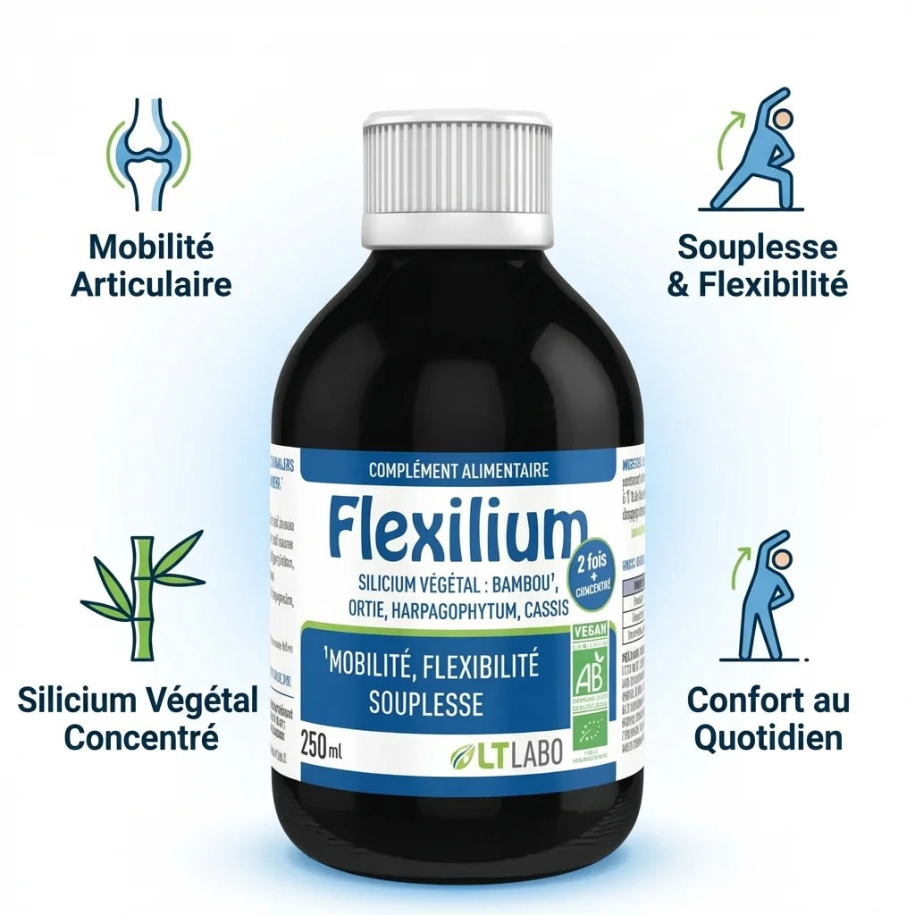 Flexilium Bio 250ml - Bouteille silicium végétal avec icônes mobilité articulaire et confort