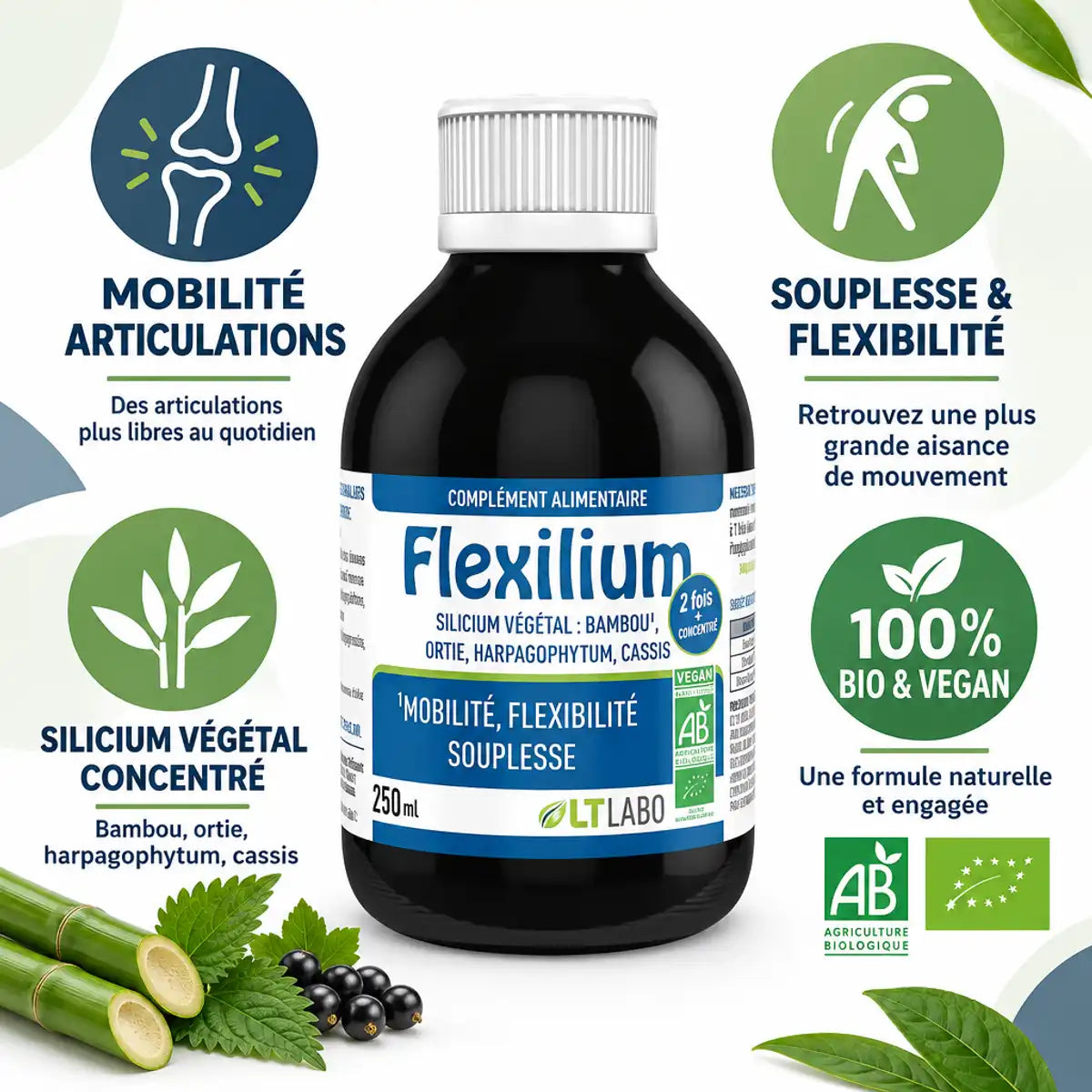 Flexilium Bio 250ml, complément articulations et mobilité LT Labo en flacon verre noir avec bénéfices