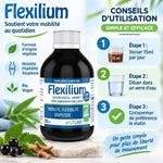 Flexilium Buvable Bio 250ml avec mode d'emploi : verser 15ml, diluer dans l'eau, consommer le matin