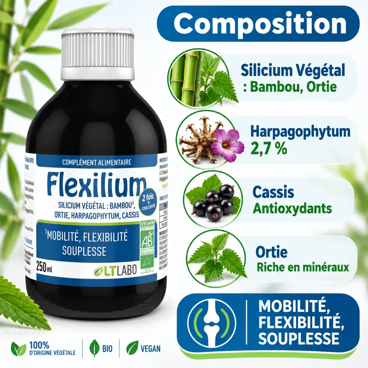 Flexilium Bio 250ml avec composition silicium, harpagophytum, cassis, ortie pour articulations et mobilité