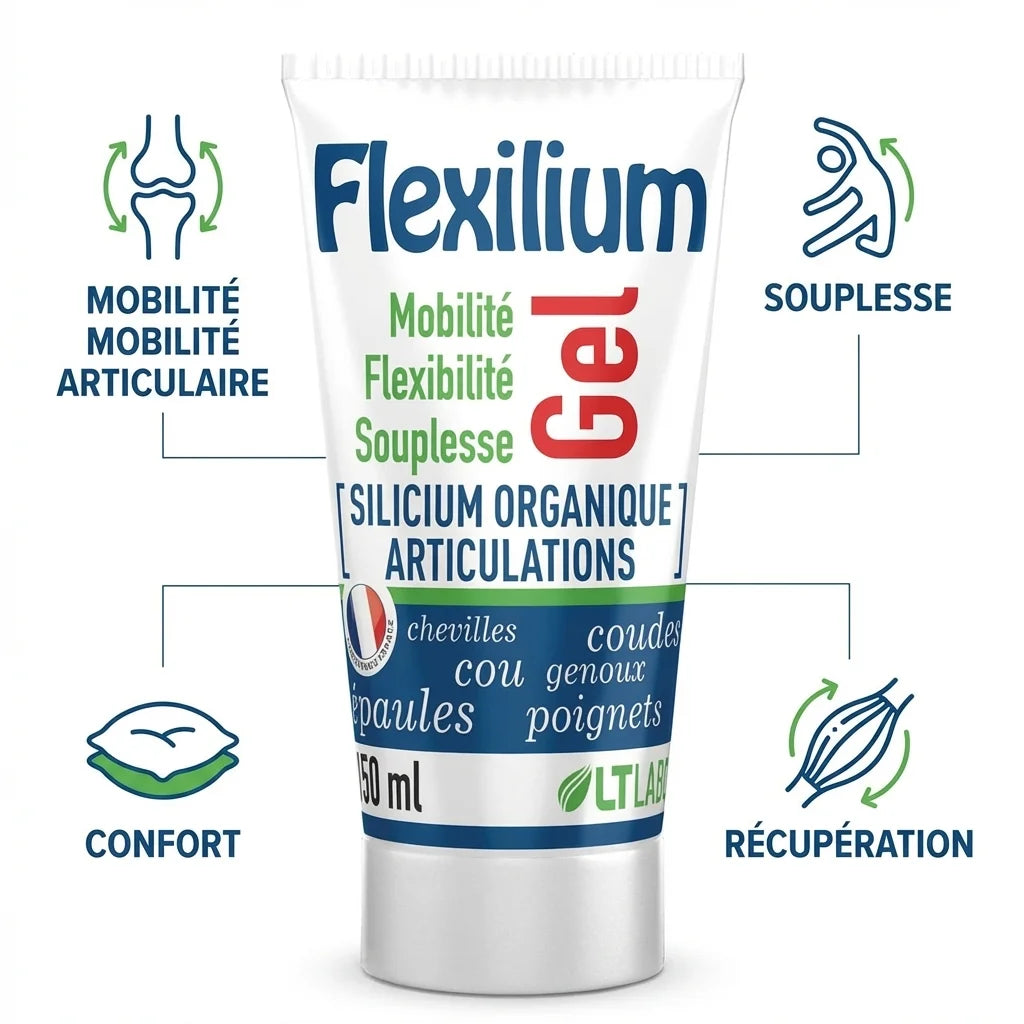 Flexilium Gel 150ml LT Labo avec icônes mobilité articulaire, souplesse, confort et récupération