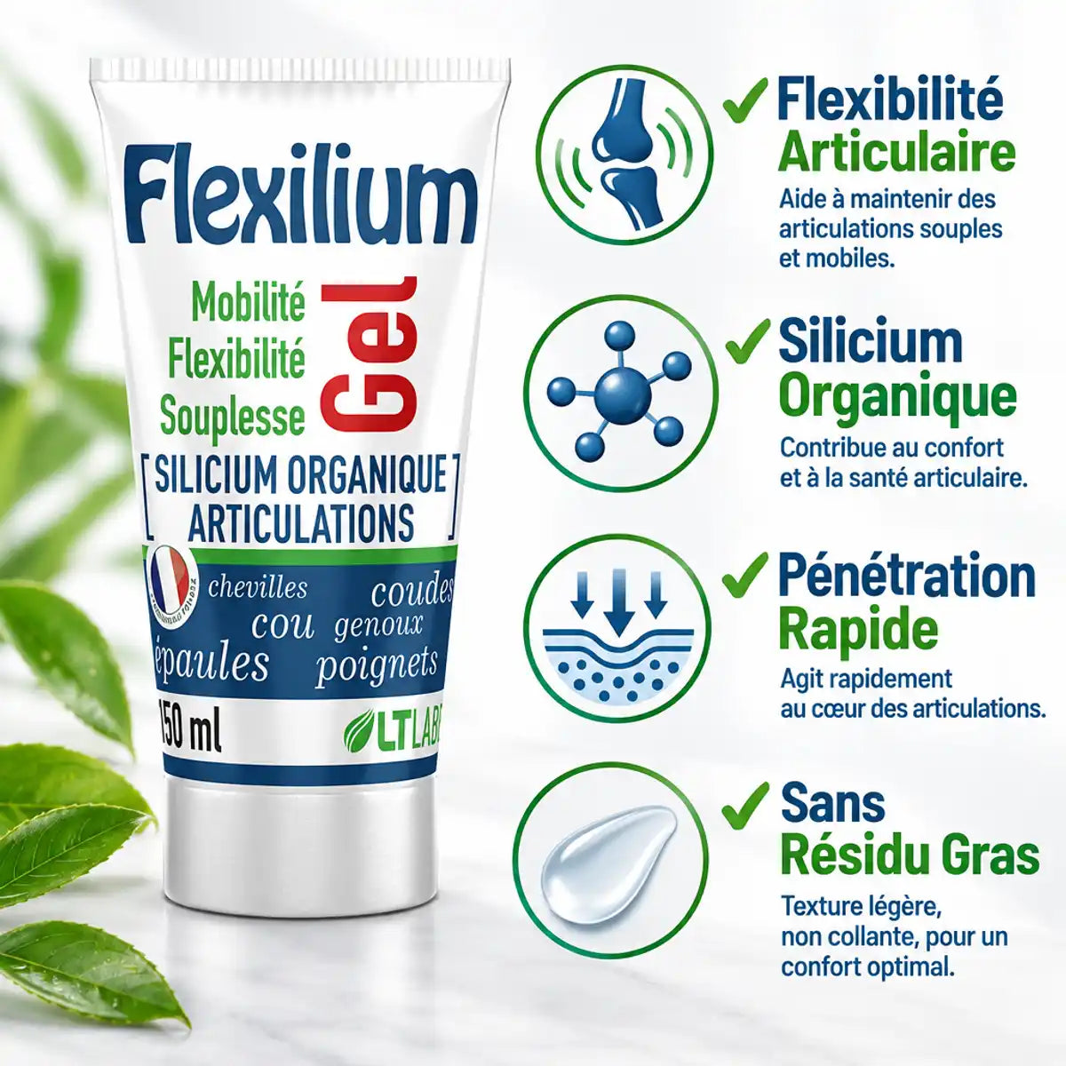 Flexilium Gel 150ml silicium organique - Flexibilité articulaire, pénétration rapide, sans résidu gras