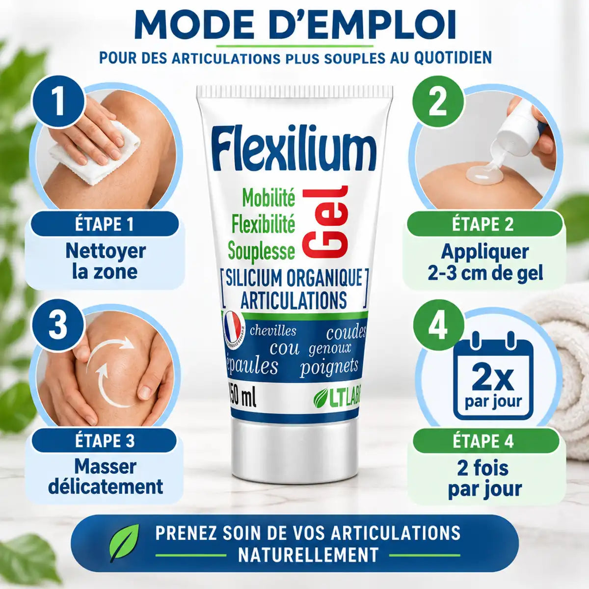 Flexilium Gel 150ml - Guide d'application en 4 étapes pour soulager les articulations