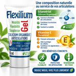 Flexilium Gel 150ml tube avec infographie ingrédients silicium organique et vitamine E pour articulations