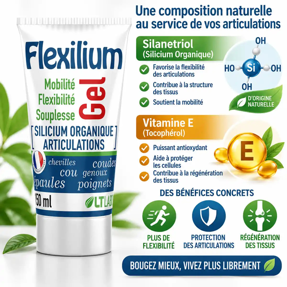 Flexilium Gel 150ml tube avec infographie ingrédients silicium organique et vitamine E pour articulations