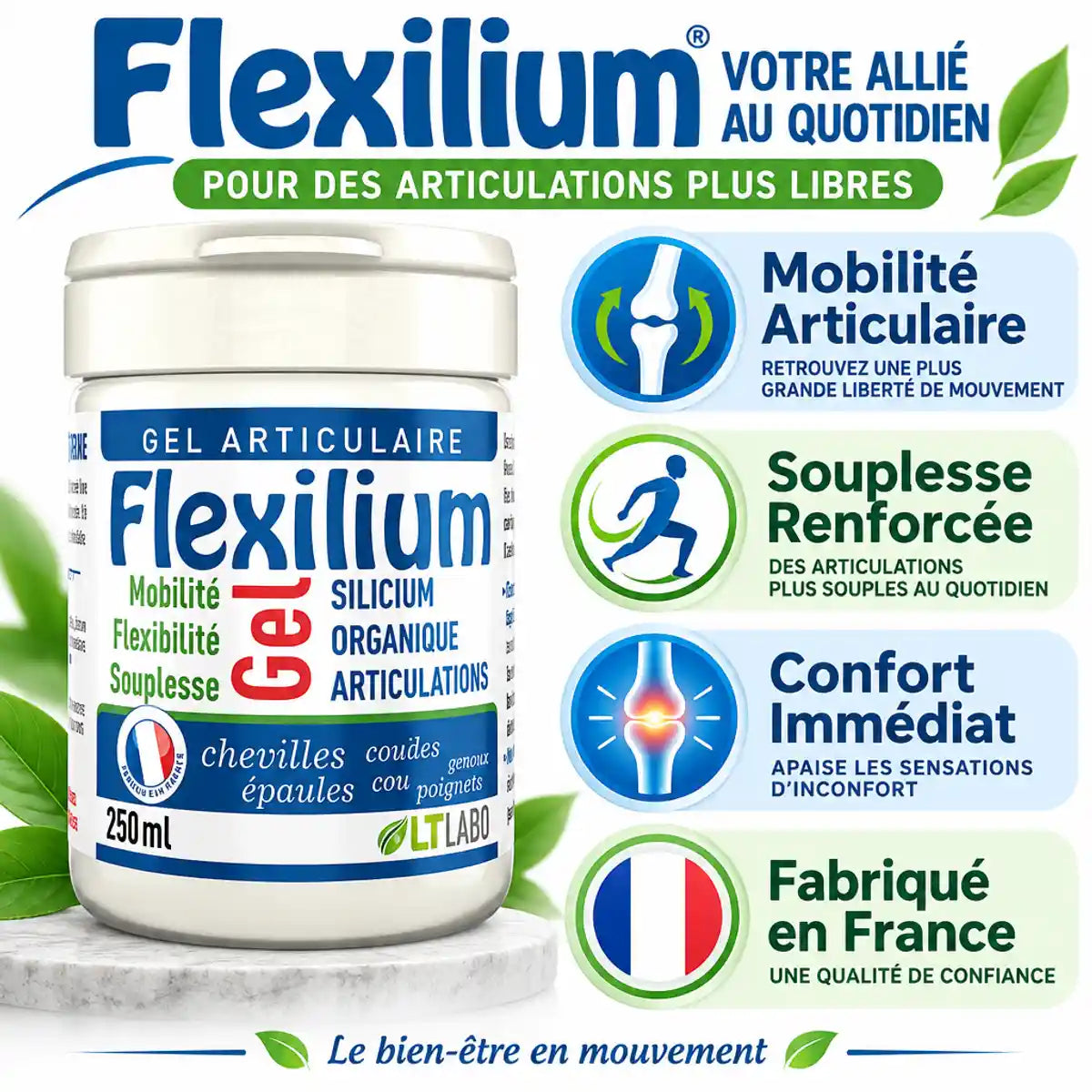 Flexilium Gel 250ml - Gel articulaire silicium organique LT Labo avec bénéfices mobilité et confort