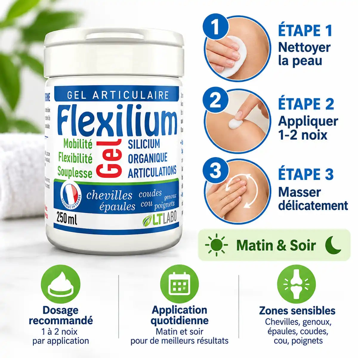 Flexilium Gel 250ml au silicium organique avec guide d'application matin et soir