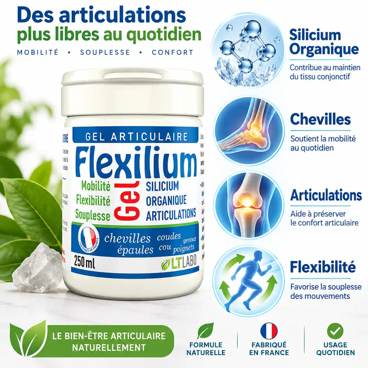 Flexilium Gel 250ml silicium organique avec infographies articulations et flexibilité articulaire