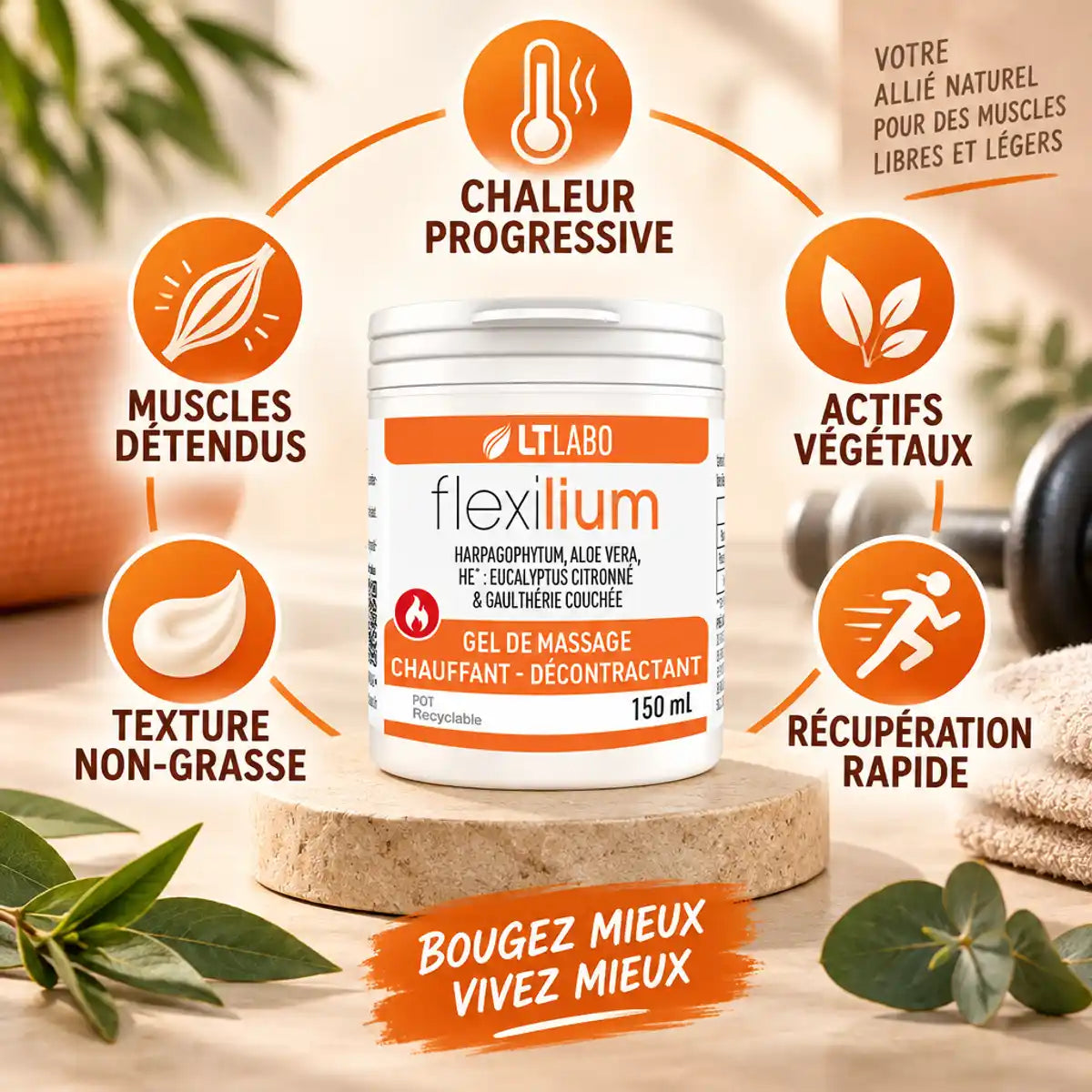 Flexilium gel chauffant 150ml pot blanc LT Labo avec infographie bénéfices chaleur muscles détendus